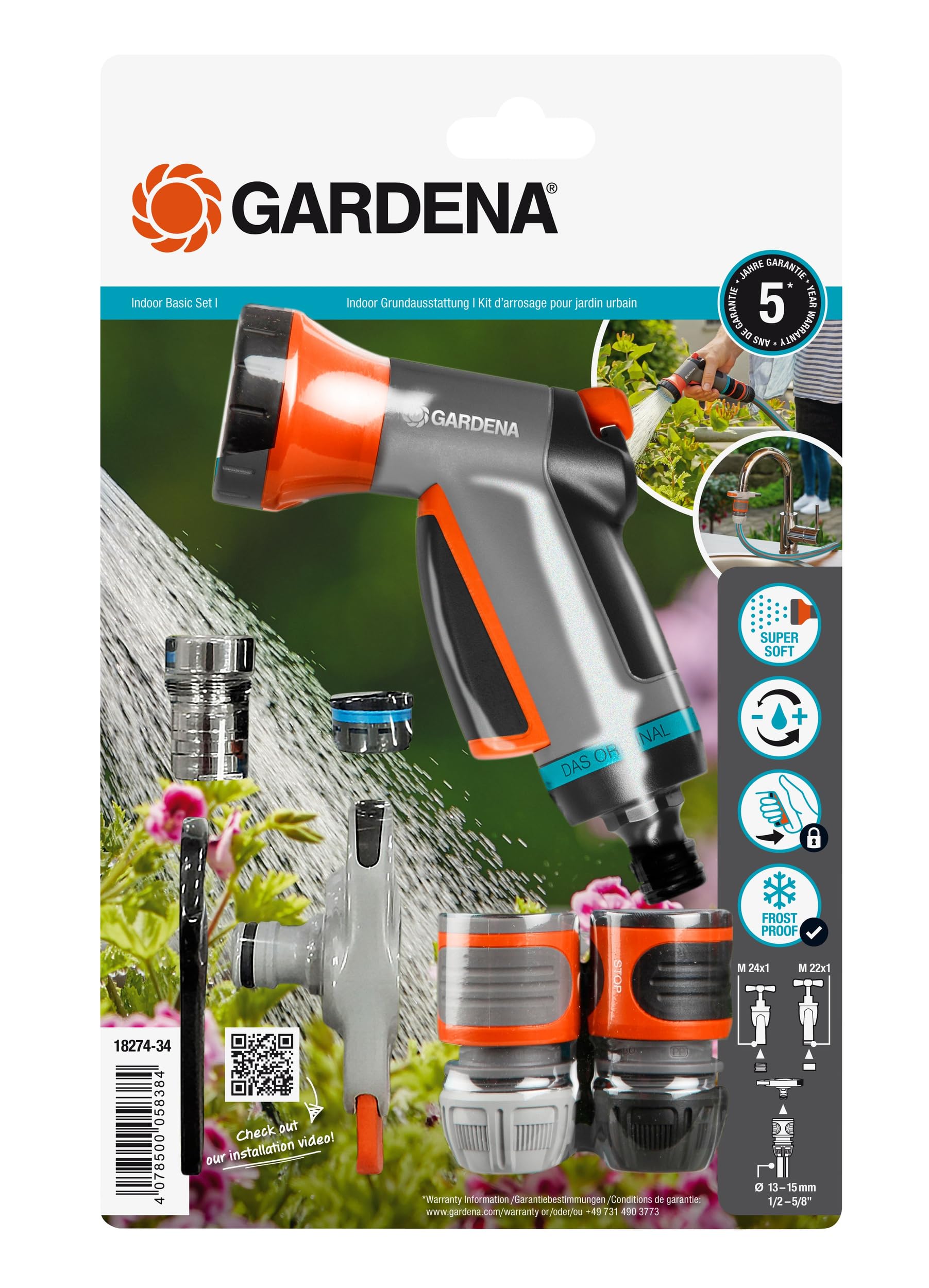 Gardena Indoor Basic Equipment: Starter Set consisting of Indoor tap Connector, Hose Connector, Water Stop and Balcony Shower, for Small Gardens; terraces and Balconies (18274-20)
