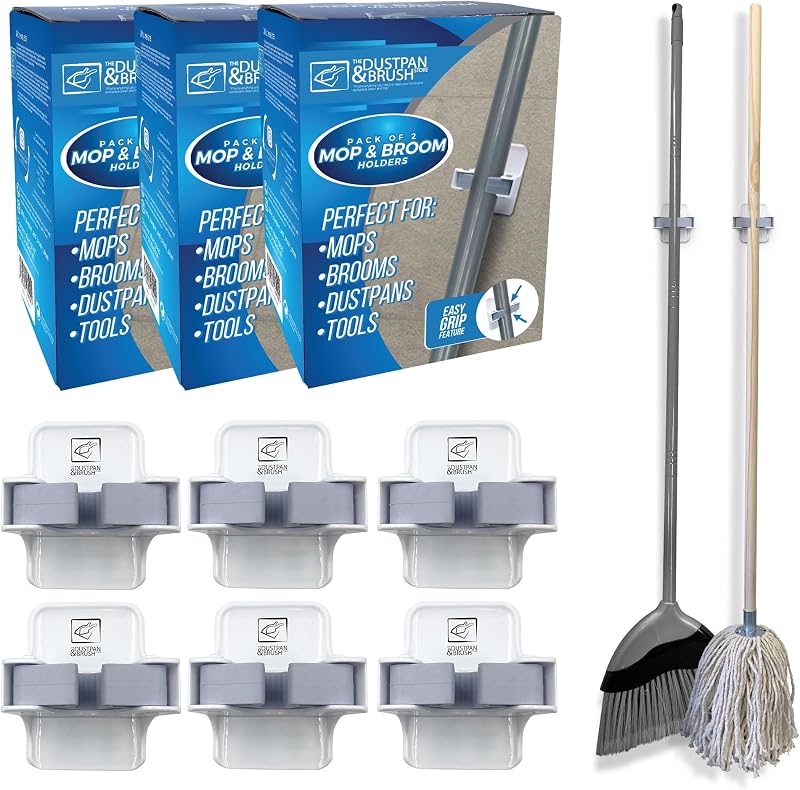 TDBS Mop & Broom Holder Wall Mounted Gripper Pack of 3 (6 Holders)
