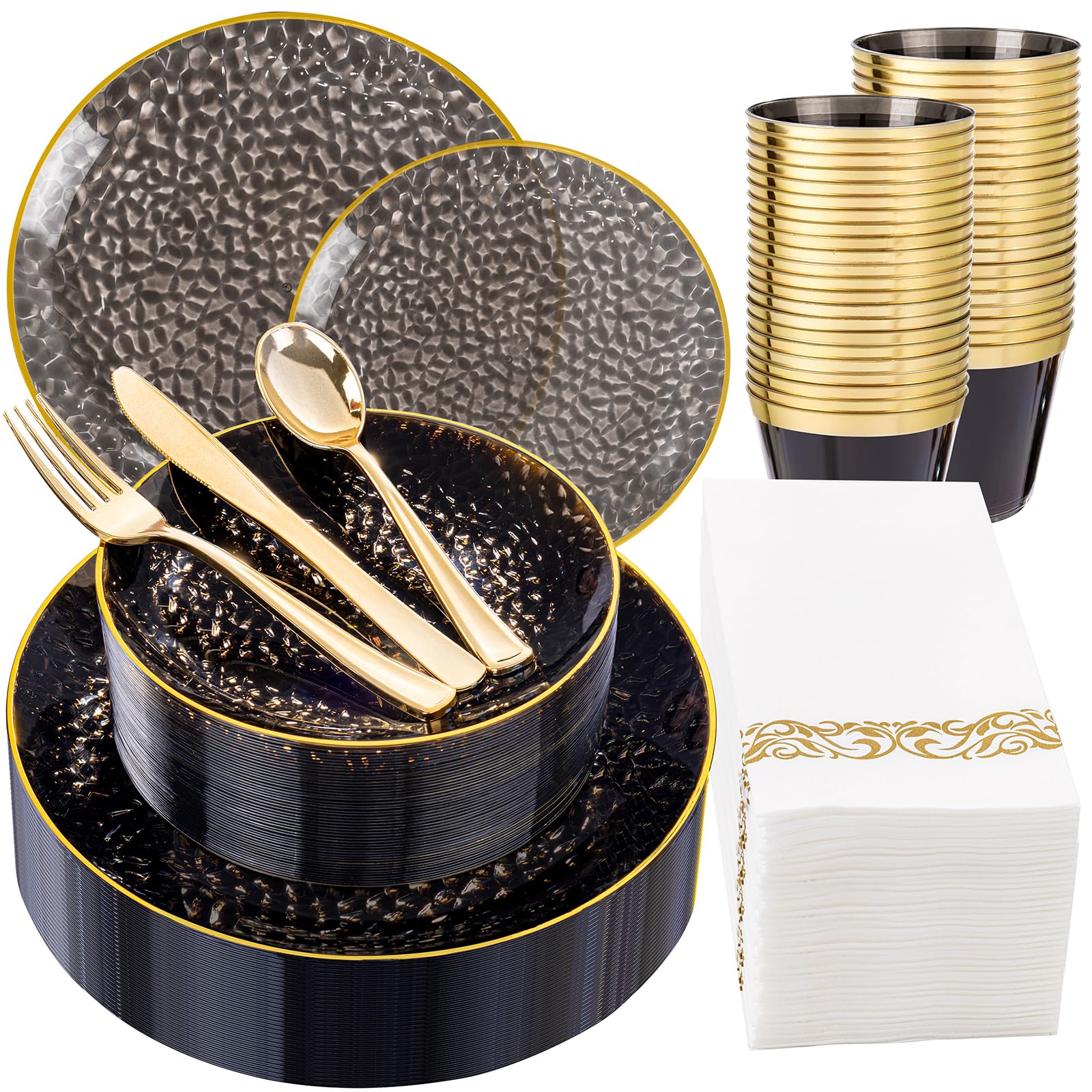 Photo 1 of DaYammi 175PCS Clear Black and Gold Plastic Dinnerware Set for Halloween, Hammered Disposable Plates for Party, Include: 25 Dinner Plates, 25 Dessert Plates, 75 Gold Silverware, 25 Napkins, 25 Cups