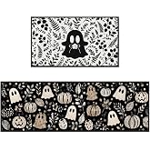 Romart Halloween Kitchen Rugs Set of 2, Black White Ghost Kitchen Mats | Soft Velvet Surface, Thin Profile, Machine Washable, Includes 8 Rug Corner Grippers, 16 x 28 & 16 x 47 Inch