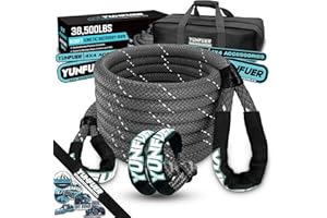 YUNFUER Kinetic Recovery Rope (1in x 30ft - 38,500lbs Gray) Extreme Duty 35% Elasticity Energy Snatch Rope, Offroad Recovery Kit with 2 Soft Shackles, Heavy Duty Tow Ropes for Trucks, UTV, ATV, SUV
