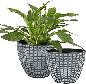 LA JOLIE MUSE Flower Pots Outdoor Indoor, Modern Chic Planters with White Geometric Mosaic Texture Patterns in Gray Gradient Background, Set of 2 (8.6 + 7.5 Inch)