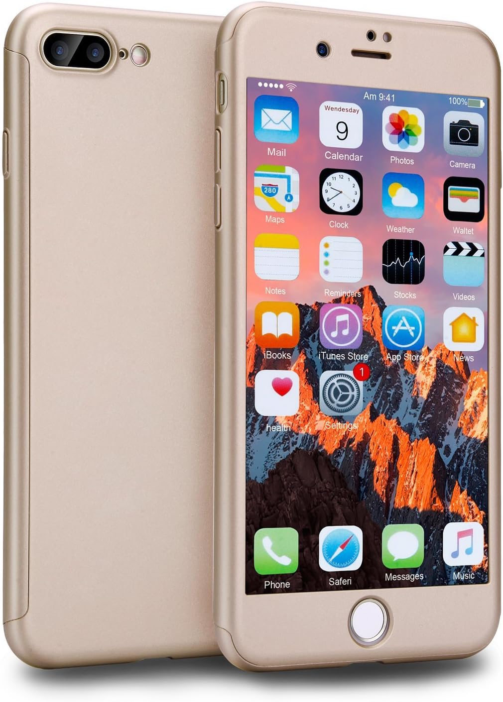 iPhone 7 Plus Case Cover, SenseValue 360 Full Body Protection Hard Slim Case Coated Non Slip Matte Surface with Tempered Glass Screen Protector for Apple iPhone 7 Plus (Gold)