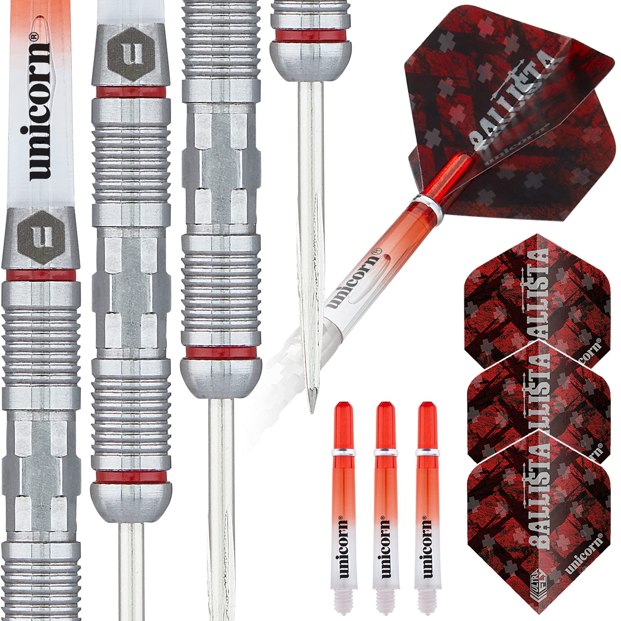 ‎Unicorn Steel Tip Professional Darts Set | Ballista Style 2 | 90% Natural Tungsten Barrels with Red Accents & Volute Points | 22 g