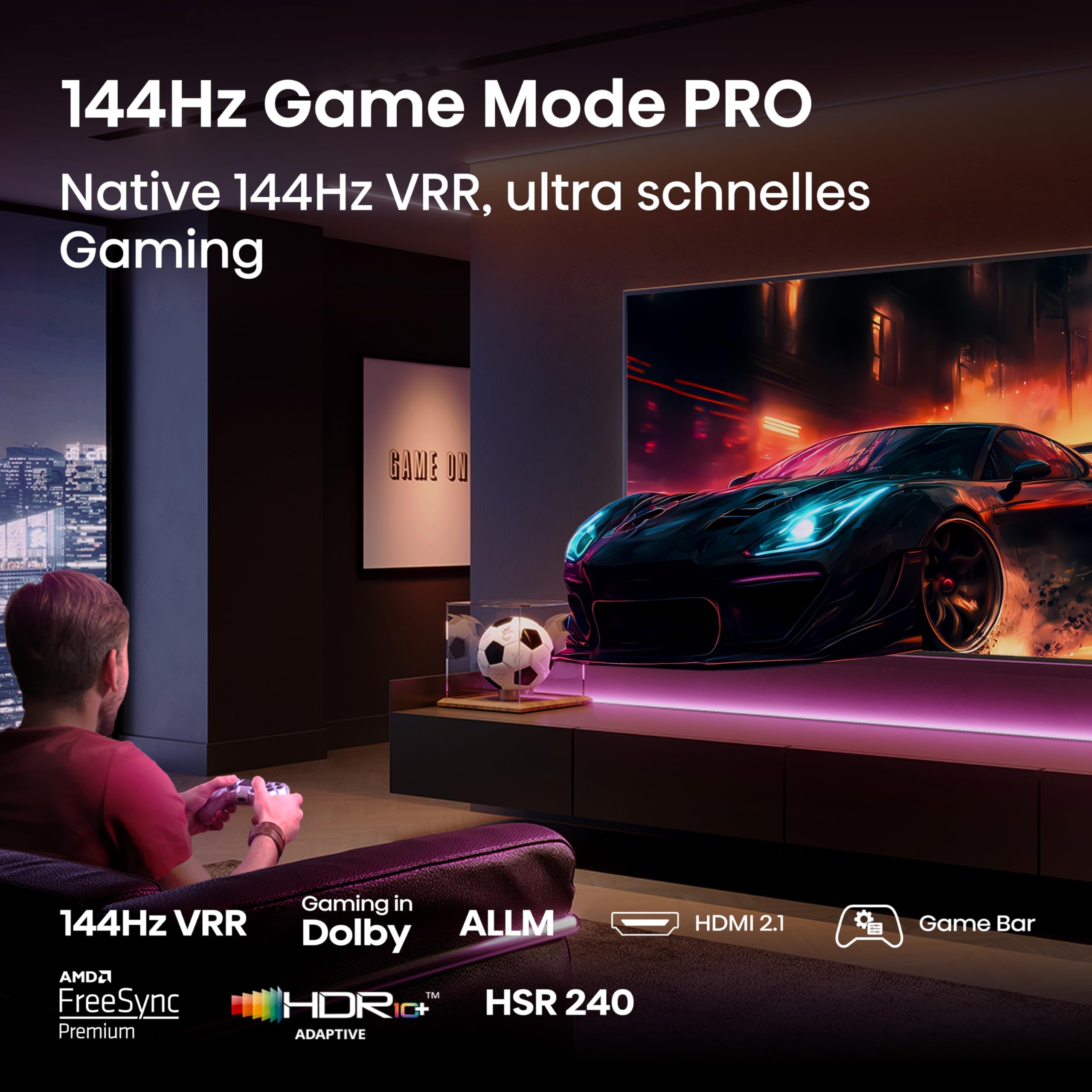 Hisense 98E7Q Fernseher, 98 Zoll, 2480 Mm, 4K UHD QLED, Smart TV, 144Hz Game Mode PRO, AI 4K Upscaler, Smoothmotion, Lichtsensor, Colour, Dolby Vision Atmos, Sprachsteuerung, EZPlay 5