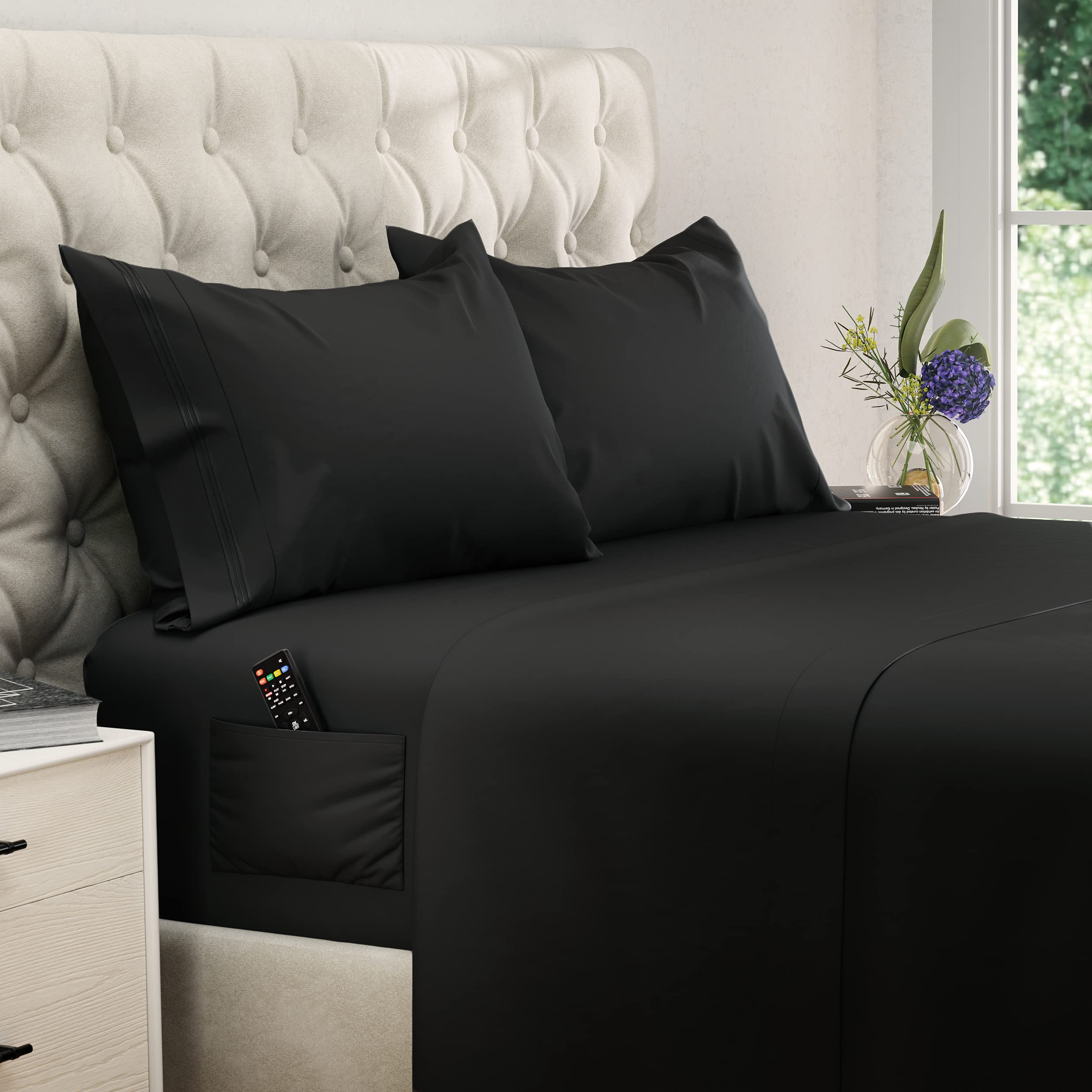 Photo 1 of DREAMCARE Twin XL Sheet Sets - 4pc Cooling Sheets XL Twin Sheets - Twin XL up to 21” Deep Pocket – Hotel Luxury Extra Long 100% Brushed Microfiber with Side Pocket - Black