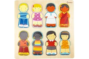 ONSHINE Wooden Puzzle for Toddlers 1-3, Children of The World Racial Cognition Dress-up Peg Puzzle Educational Toys, 24 Pieces Mix and Match Boys and Girls Multicultural Diversity Toys for Kids