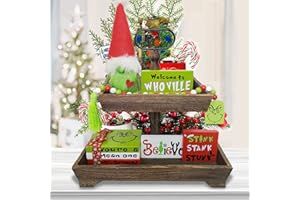 SARYBEI Christmas Tiered Tray Decor Christmas Decorations - Cute Green Gnome Plush Faux Book Stack Wooden Signs Bead Garland - Farmhouse Rustic Xmas Decor for Home Table Party Supplies