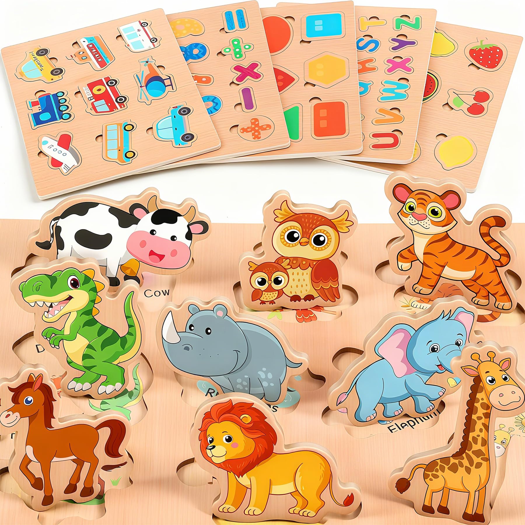 lenbest Set of 6 Children's Wooden Puzzle - Montessori Toy - Animal Alphabet Number Vehicles Shape Fruit - Educational Toy for 2-3 Years Easter Gifts