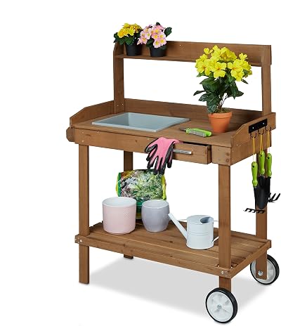 Relaxdays Wooden Planter Table with Wheels, 120 x 97 x 49 cm, Brown