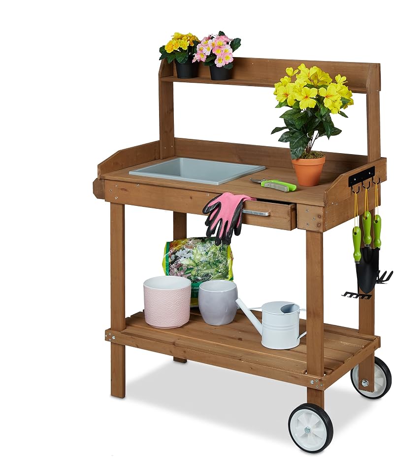 Relaxdays Wooden Planter Table with Wheels, 120 x 97 x 49 cm, Brown