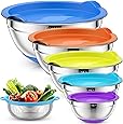Mixing Bowls with Airtight Lids & Colander, 6pcs Colorful Stainless Steel Metal Nesting Bowls for Kitchen, Non-Slip Silicone Bottom Size, 5, 3.5, 2, 1.5, 1QT, Measuring Marks, Fit for Mixing & Serving