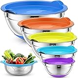 Mixing Bowls with Airtight Lids & Colander, 6pcs Colorful Stainless Steel Metal Nesting Bowls for Kitchen, Non-Slip Silicone 