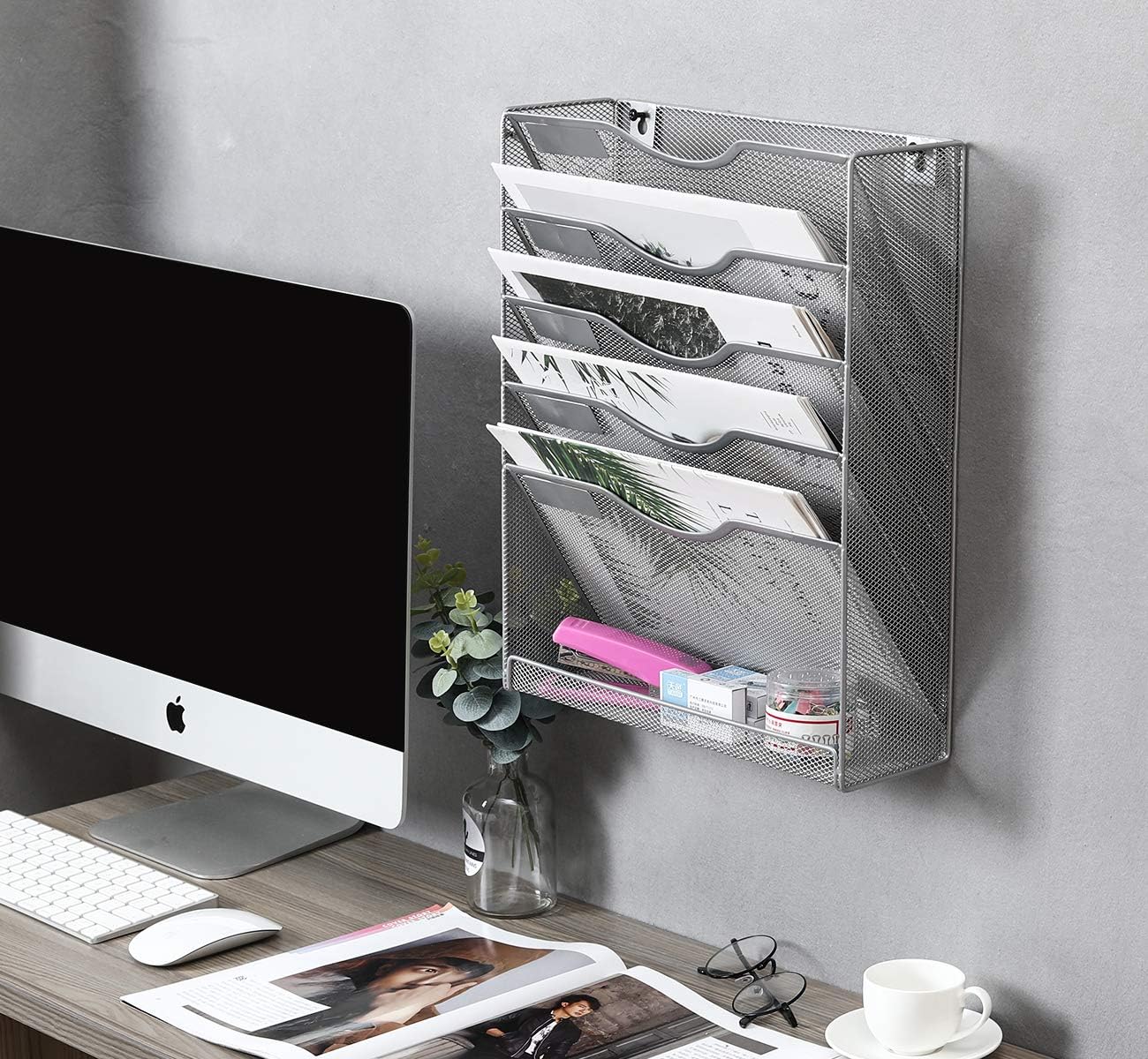 EasyPAG Mesh Wall File Holder 5 Tier Vertical Mount Hanging Organizer with Bottom Flat Tray, Silver : Office Products