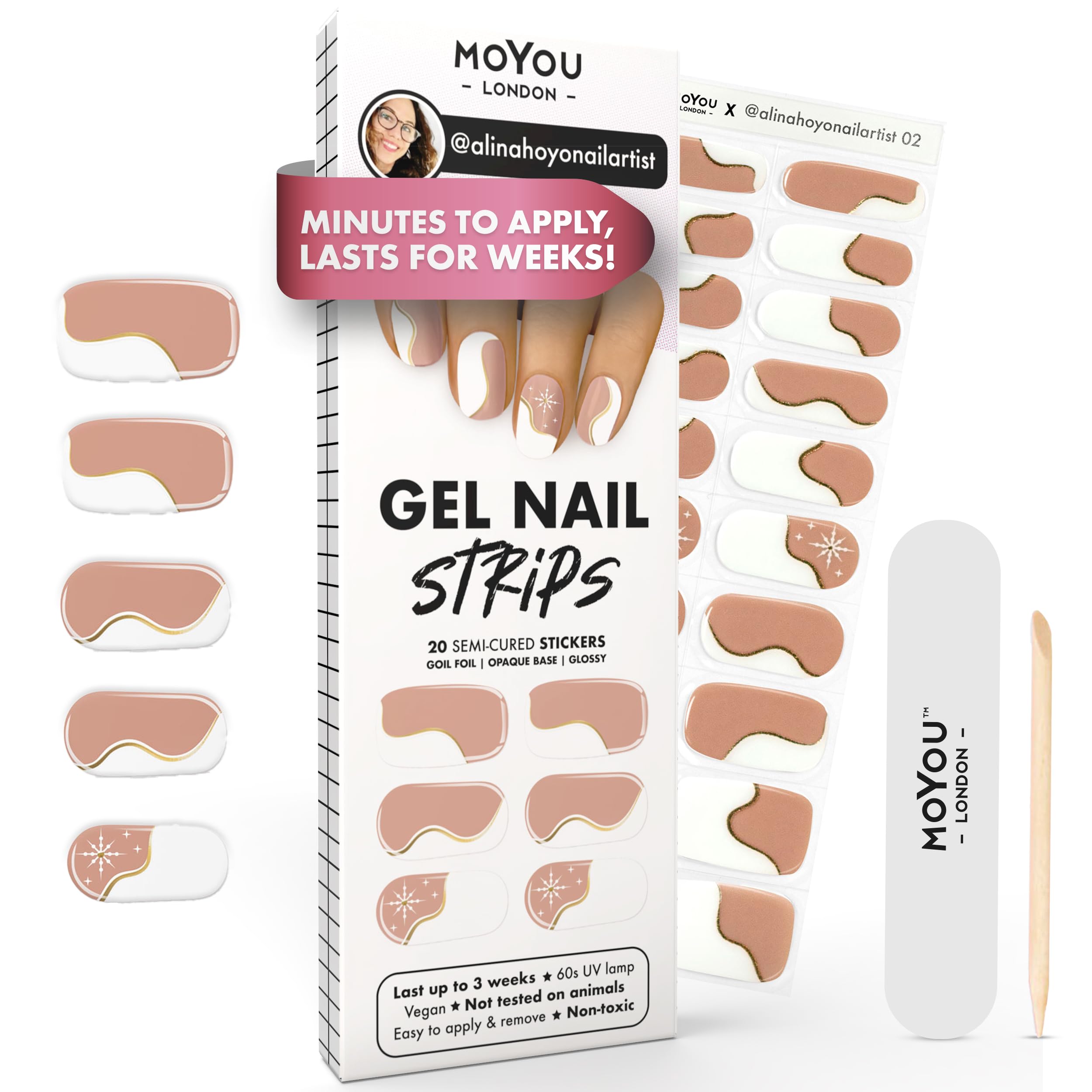 MOYOU LONDON Semi Cured Gel Nail Strips - 20 Pcs. Waterproof Gel Nail Wraps, Cures in Sunlight or UV/LED Lamp, Lasts Up to 2+ Weeks, Stretchable, Easy to Apply & Remove, Vegan & Cruelty-Free