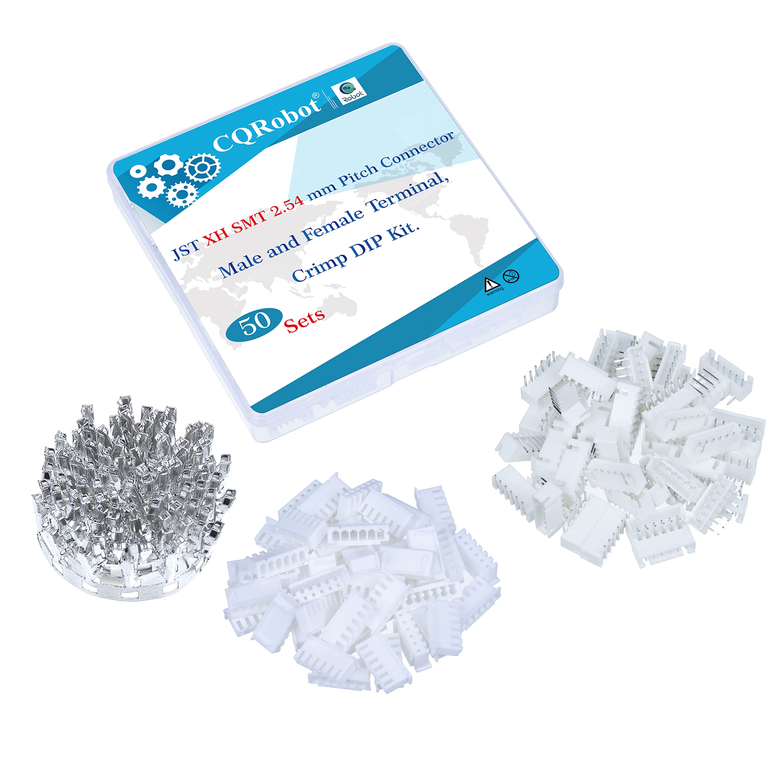 CQRobot JST XH SMD 2.54 mm Pitch 6-Pin Electronic Computer Connector IC Male Plugs, Female Sockets Housing and T-Shaped Crimp Terminal Kit. 50 Sets/400 Pieces Wire-to-Board Adapter Cable Assembly.