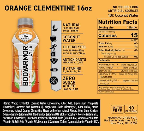 BODYARMOR LYTE SPORTS DRINK LOW-CALORIE SPORTS BEVERAGE, ORANGE CLEMENTINE – ORANGE CITRUS, COCONUT WATER HYDRATION, NATURAL FLAVORS WITH VITAMINS, POTASSIUM-PACKED ELECTROLYTES, PERFECT FOR ATHLETES, 16 FL OZ (PACK OF 12)