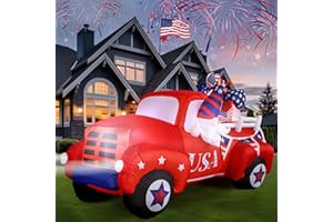 Crowye 8 ft Patriotic Independence Day Inflatable 4th of July Inflatable Patriotic Outdoor Decorations USA Gnome Driving Car Blow up with Built-in LED Lights for Outdoor Yard Garden Lawn Party Decor