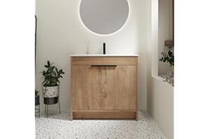 SSLine 36-Inch Bathroom Vanity with Sink Mid-Century Bathroom Vanities with Top Basin Floor Wood Bathroom Sink Cabinet with Soft-Close Doors & Adjustable Storage Shelves (Natural Brown)