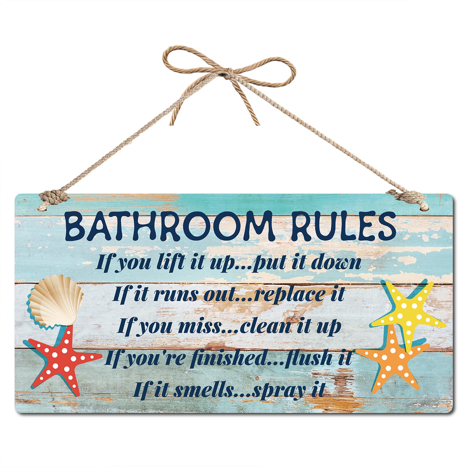 CREATCABIN Seashell Bathroom Hanging Signs Plaques Funny Bathroom Rules Beach Themed Ocean Wall Art Sign Water Proof Home Decor Accessory Door Craft Artwork Gifts 11.8x6inch
