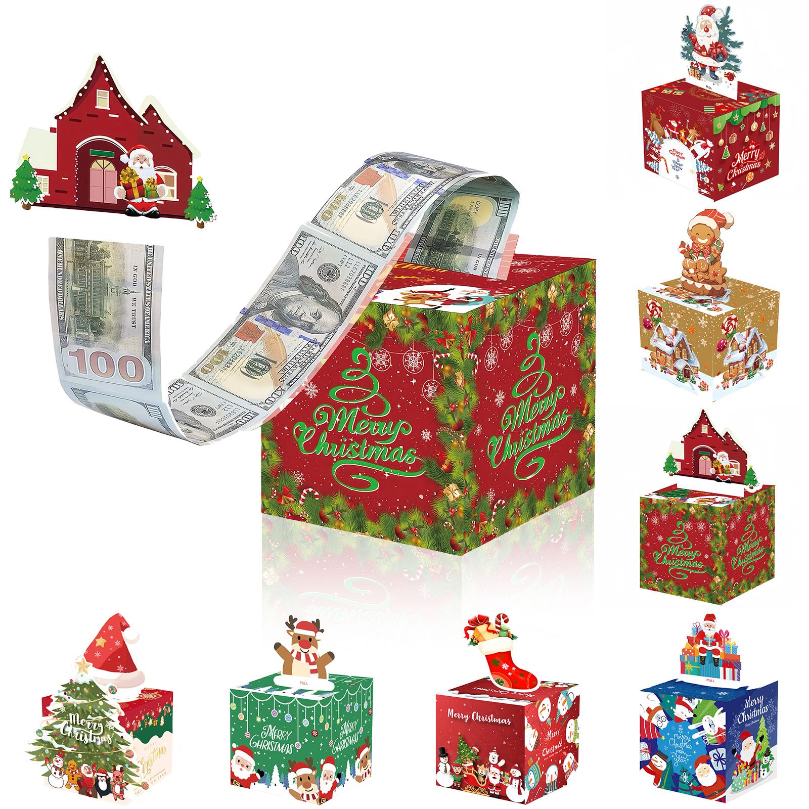 Christmas Money Pull Box,Christmas Money Gift Box Pull Surprise Money Pull Pouch for Kids/Adult,Xmas Money Box for Cash,Money Cake Pull out Cash with Xmas Card and 50P Bags,Money Reveal Box Xmas Party