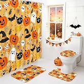 Mocsicka Cute Halloween Shower Curtain Set for Bathroom 4Pcs | Cartoon Ghost Bathroom Sets with Non Slip Rugs, Toilet Lid Cover, Bath Mat, Shower Curtain, Bathroom Decor with 12 Hooks