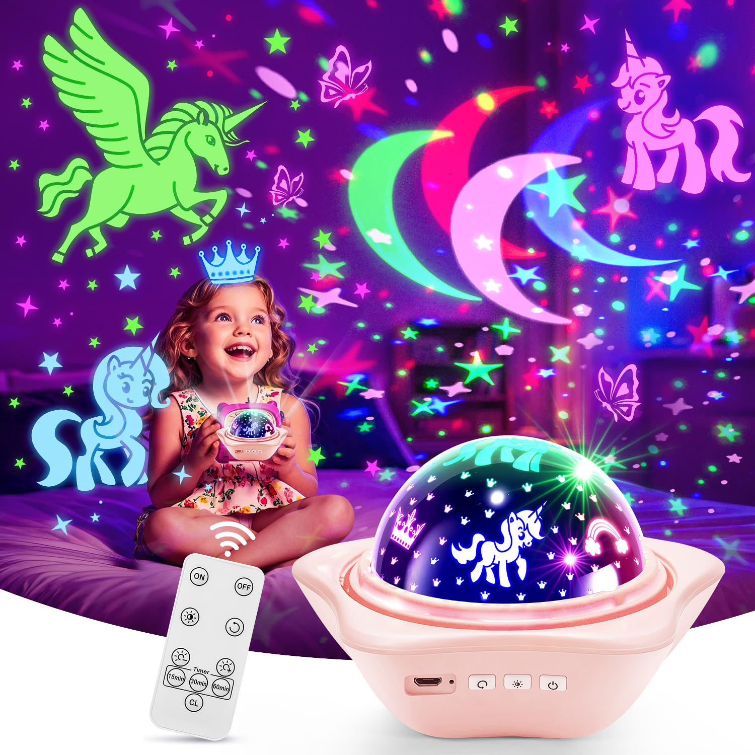 PIKOY Baby Night Light Kids, 15 Lightings+6 Flims+Rotation Star Projector Night Light Kids, Remote Dimmable+Timer Girls Bedroom Accessories Sensory Lights,Pink Cordless Lamp Baby Sensory Toys Gifts