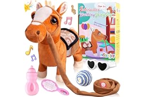 HCdoujoy Brown Walking Pony Plush Interactive Singing Dancing Musical Realistic Pet, Stuffed Animal Shaking Leash Horse Head Buttocks Toy for Boys Girls or Toddlers