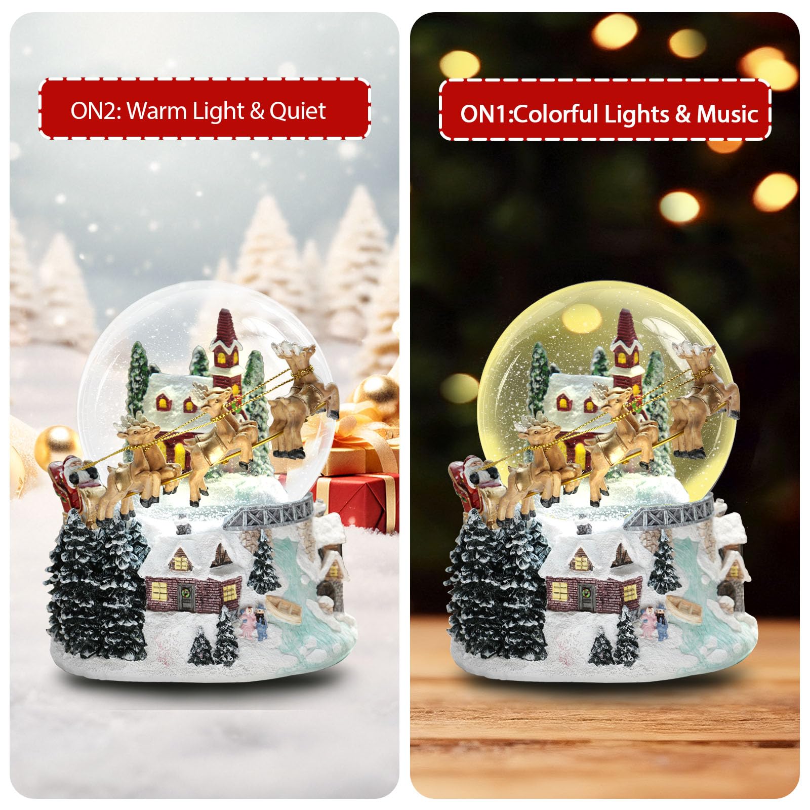 Aobaks Christmas Snow Globe with Led Light and Musical Holiday Decoration Gift, 7 Inch Height Santa Sleigh Reindeer Resin Snow Globe, Christmas Holiday Indoor Decor.