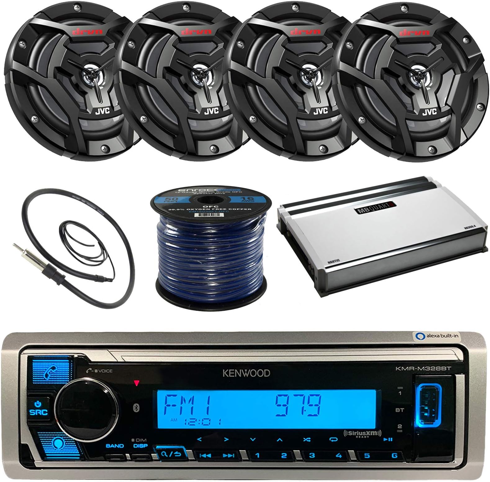 Kenwood Single DIN Marine Boat Yacht Radio Stereo Receiver Bundle Combo With 4x 6.5" 2-Way Coaxial Marine Speakers + 360-Watt Amplifier + Enrock Radio Antenna + 50 Foot 16g Speaker Wire