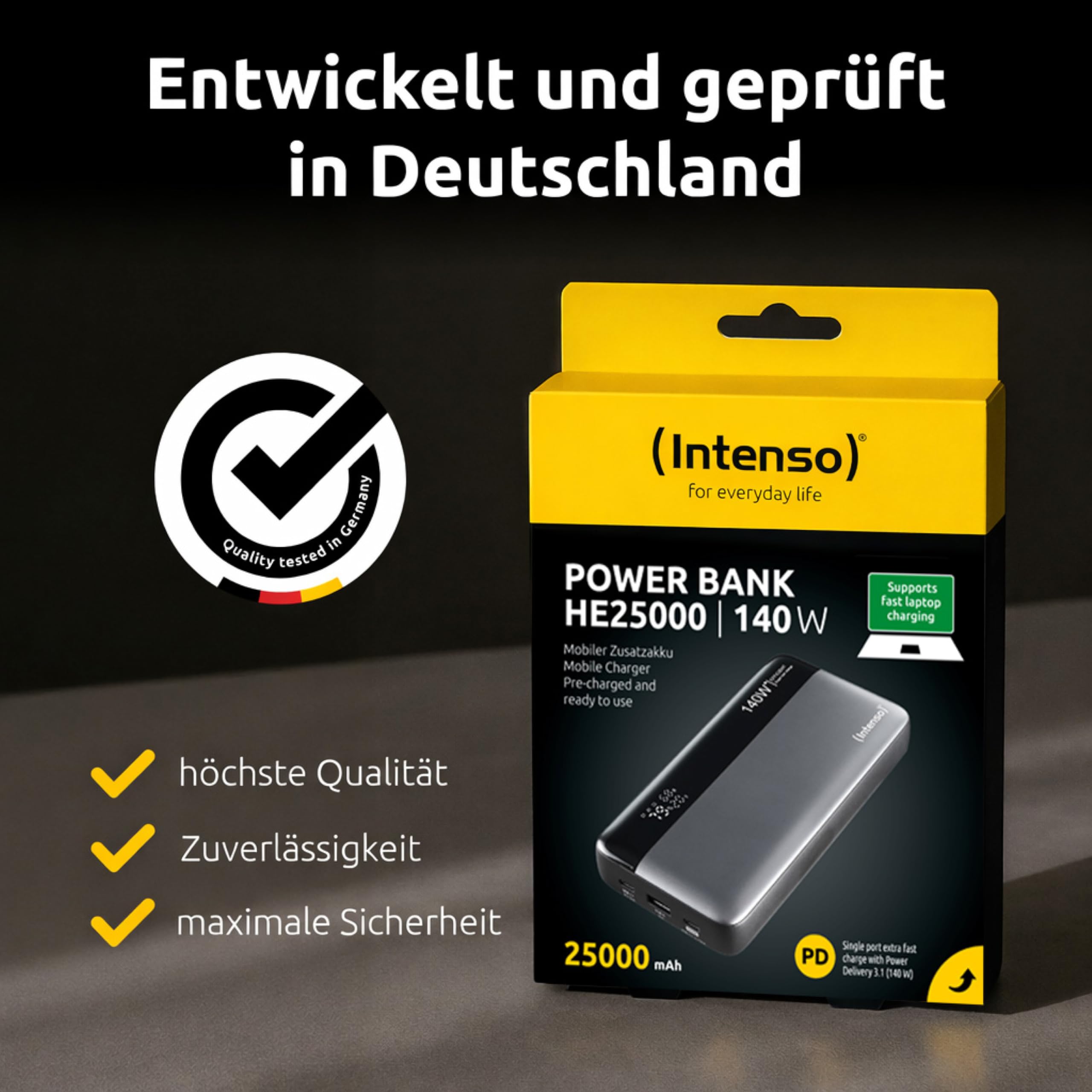 Intenso Powerbank HE25000 140W Power Delivery, 25000mAh Externer Akku, Schnellladung für MacBook, iPhone, Samsung Galaxy, iPad – USB-C Kabel & Transporttasche inklusive 10