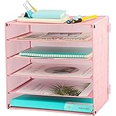 EASEPRES 5 Slot Mesh Desk Organizer Tray, File Paper Letter Folder Holder Desktop Paper Sorter Mail Organization Rack Storage Accessories, for Office Home School Classroom, Pink