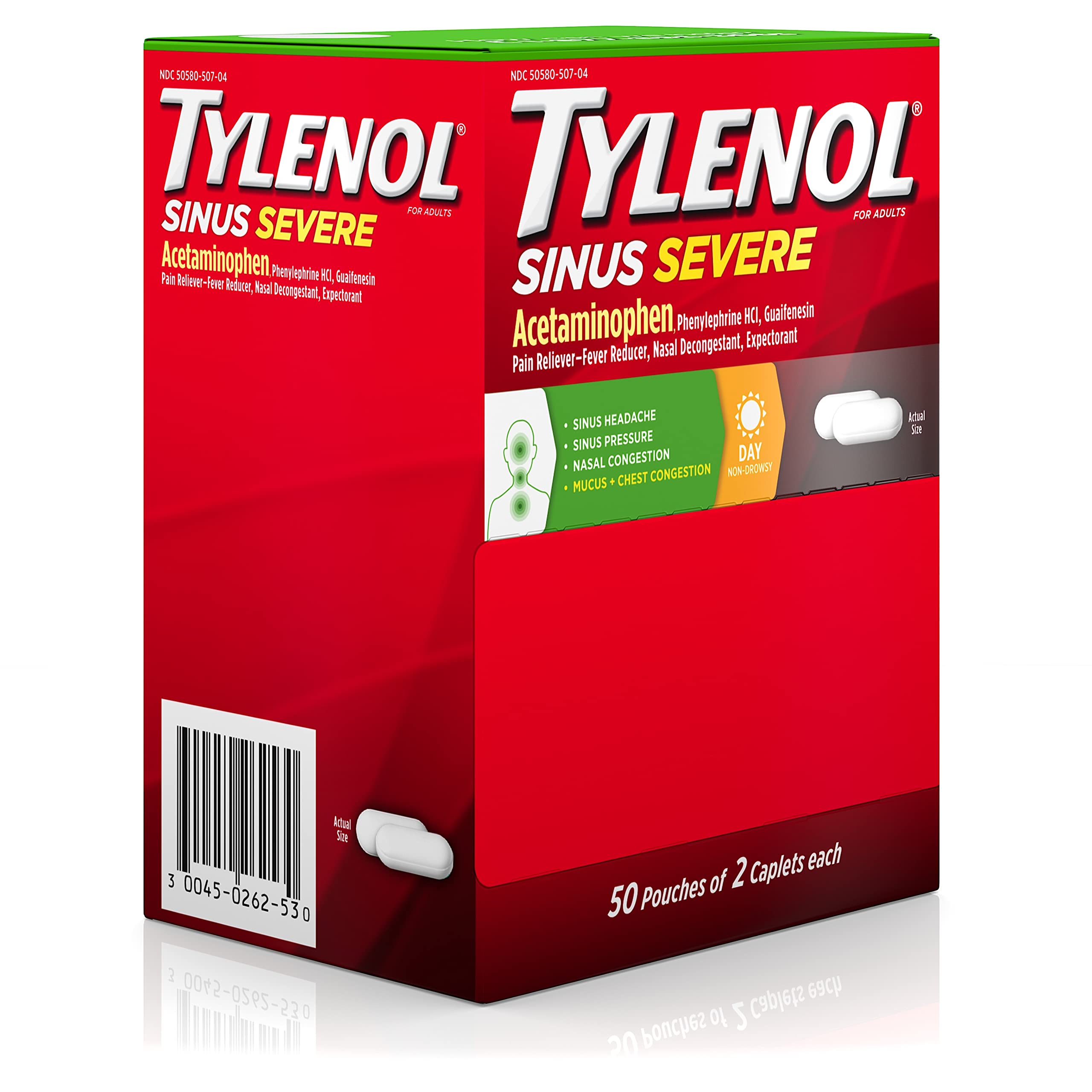 Tylenol Sinus Severe Daytime Caplets with Acetaminophen 325mg, Guaifenesin 200mg & Phenylephrine HCl 5mg, Non-Drowsy Pain Reliever, Expectorant & Nasal Decongestant, 50 Travel Packs of 2 ct