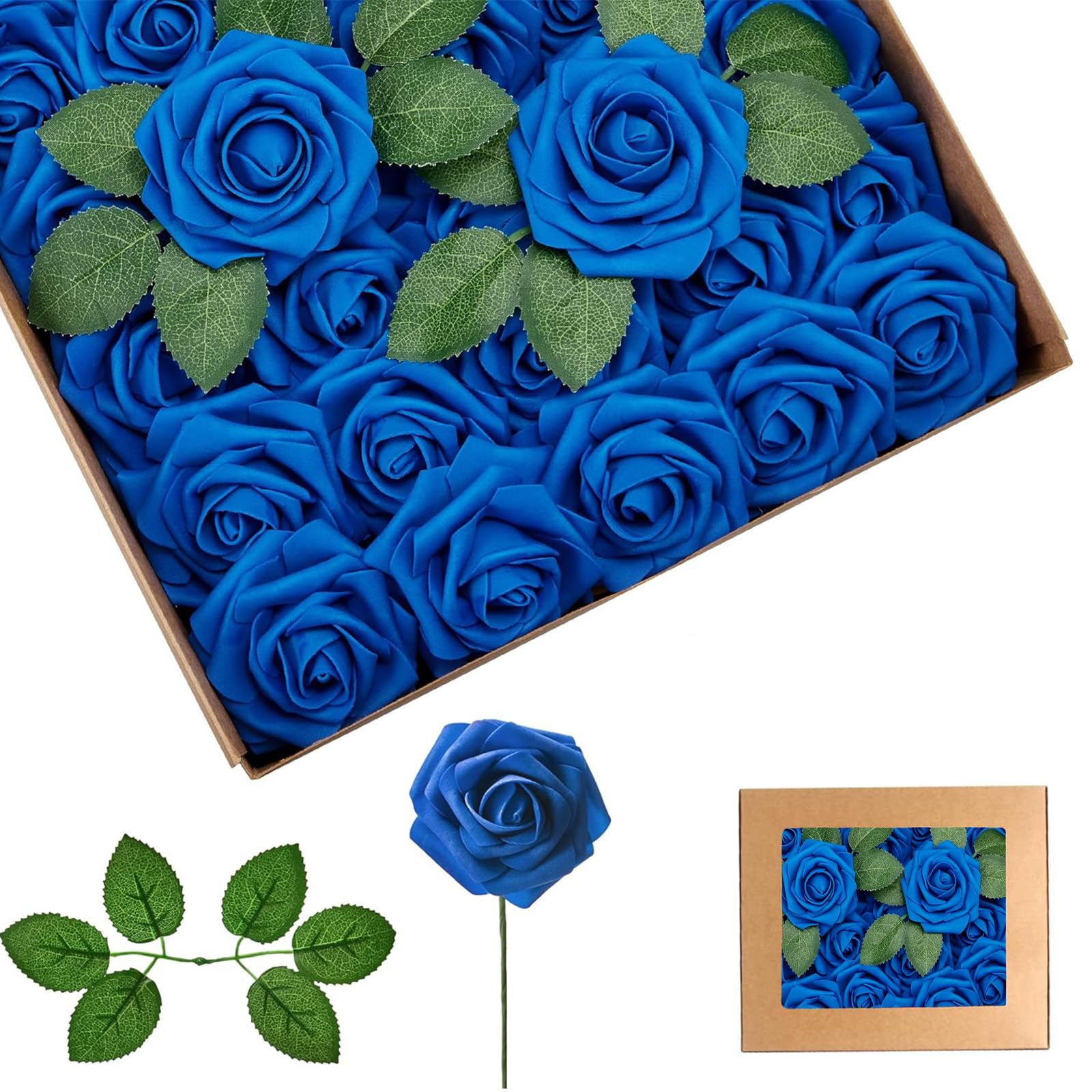25Pcs Blue Artificial Roses, Real Touch Foam Roses with Stems, 4 Leaves, Artificial Flowers for Wedding, Bridal Bouquets, Cake, Grave Stone, Table Centerpieces, Baby Shower, Funeral Decoration