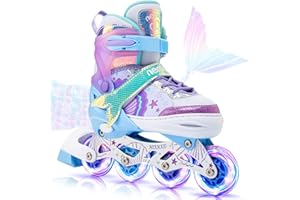 NEMONE Mermaid 4 Size Adjustable Inline Skates for Girls with 8 Light up Wheels, Purple Blue Blades Roller for Kids, Indoor B