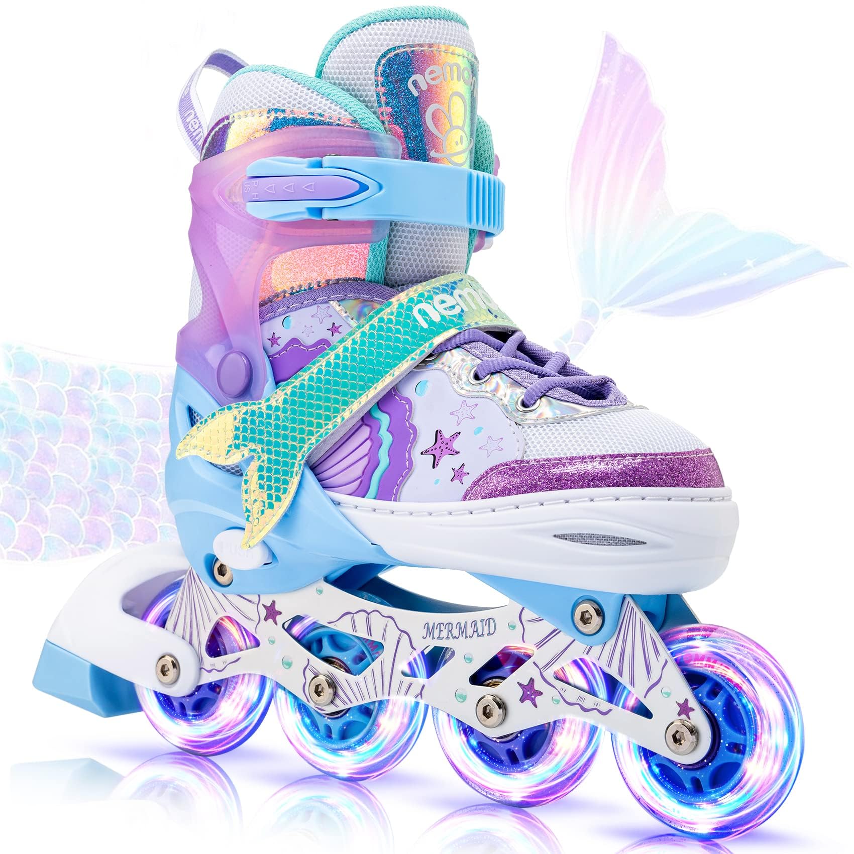 Photo 1 of NEMONE Mermaid Inline Skates, 4 Sizes Adjustable Skates for Girls Kids with Light up Wheels, Indoor Beginner Outdoor for Kids Ages 4-6 5-8 6-12 8-12