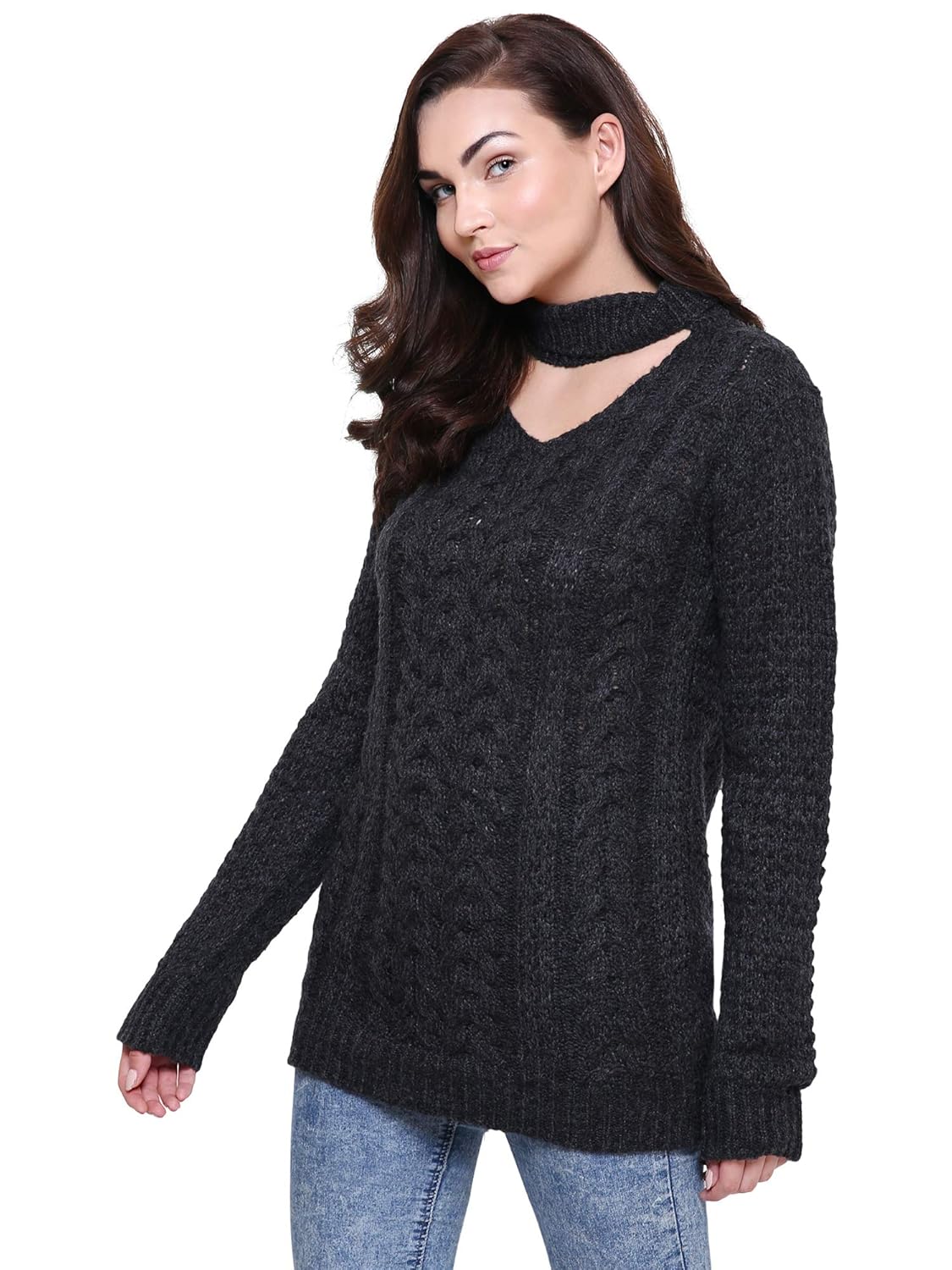 mansicollections dark grey chunky knit choker sweater for women