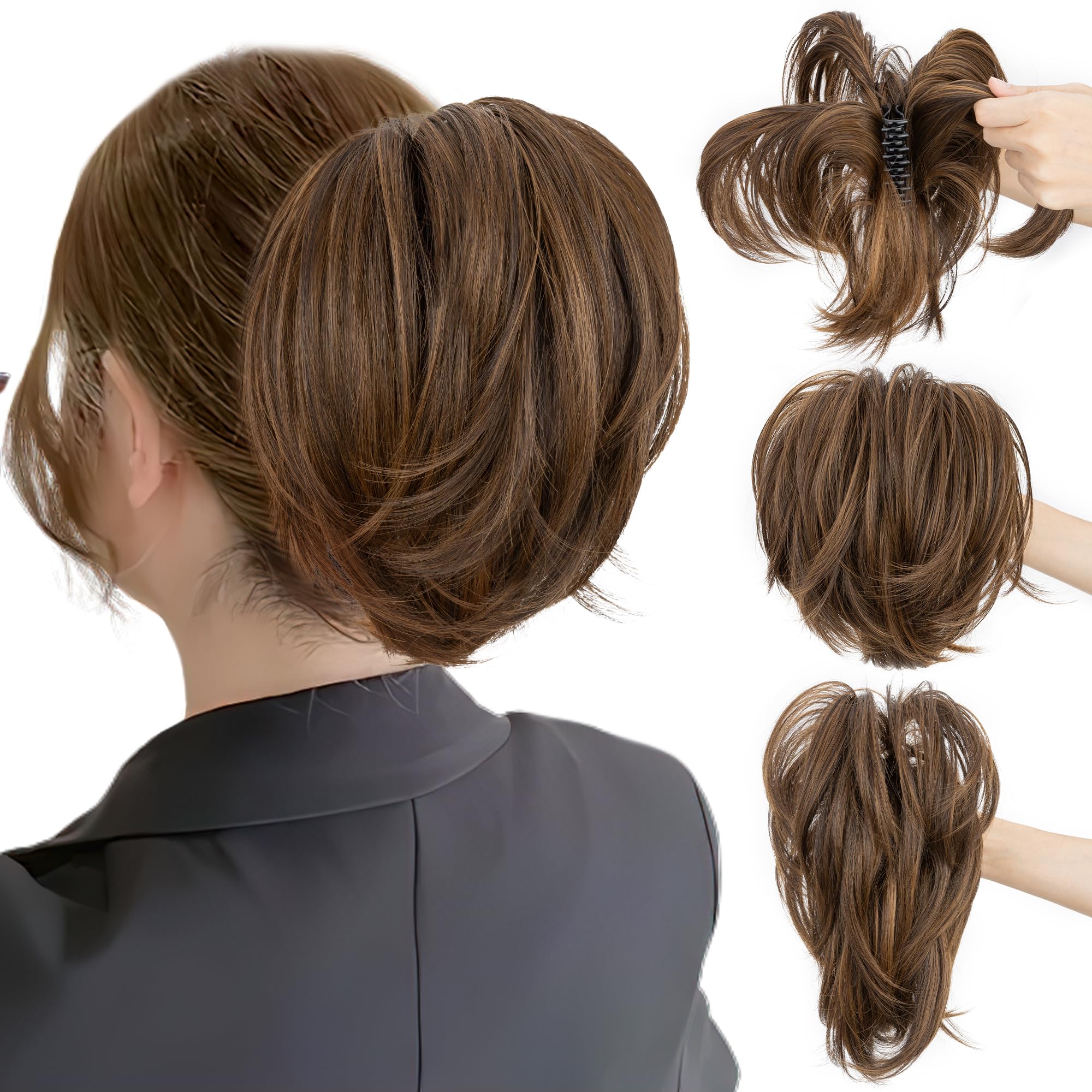 SEGO Claw Clip Ponytail Hair Extensions Bendable Metals Messy Bun Hair piece Straight Hairpieces Claw on Ponytail, Medium Brown & Coffee Brown