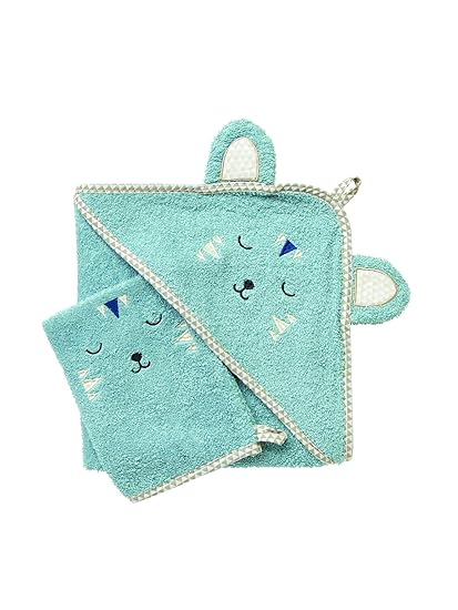 Vertbaudet Cape De Bain Bébé à Capuche Brodée Animaux Bleu