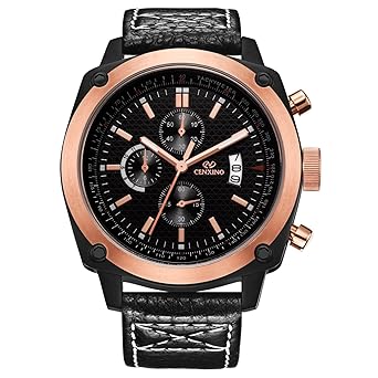 CENXINO Mens Multifunction Chronograph Wrist Watches with Rose Gold Black Dial and Genuine Leather Strap