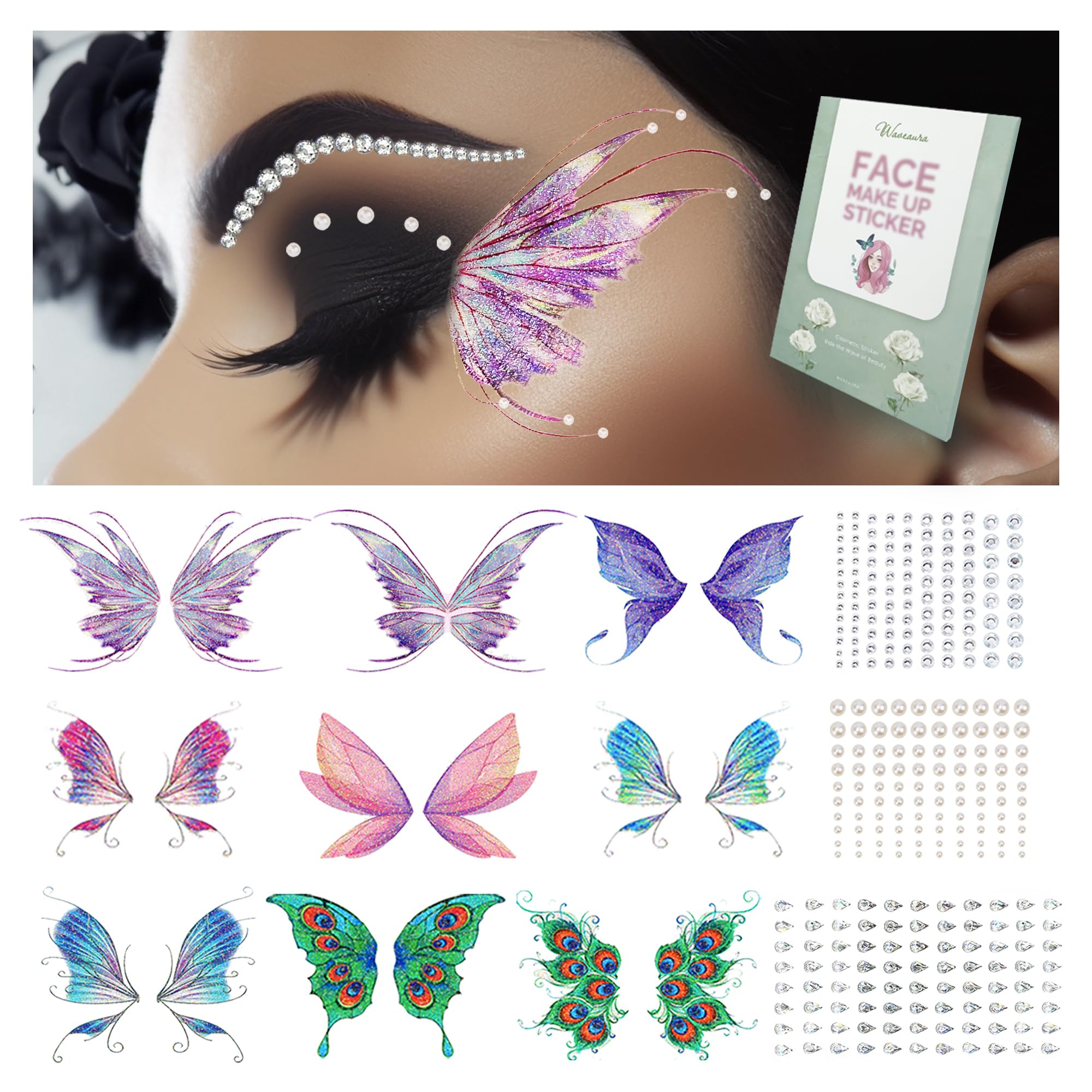 Waveaura Temporary Tattoos Kit Glitter Butterfly Makeup Festival Face Gems Tattoo Eye Fake Tattoos Semi Permanent Stickers for Women Face Jewels Stick on Earrings Hair Rhinestones Rave Accessories