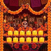 20 Pcs Day of The Dead Decorations Dia De Los Muertos Decor, Orange | 2 Marigold Garlands 6 Monarch Butterflies 12 Flameless Votives Candles for Diwali Dia De Los Muertos Altar Ofrenda Decor