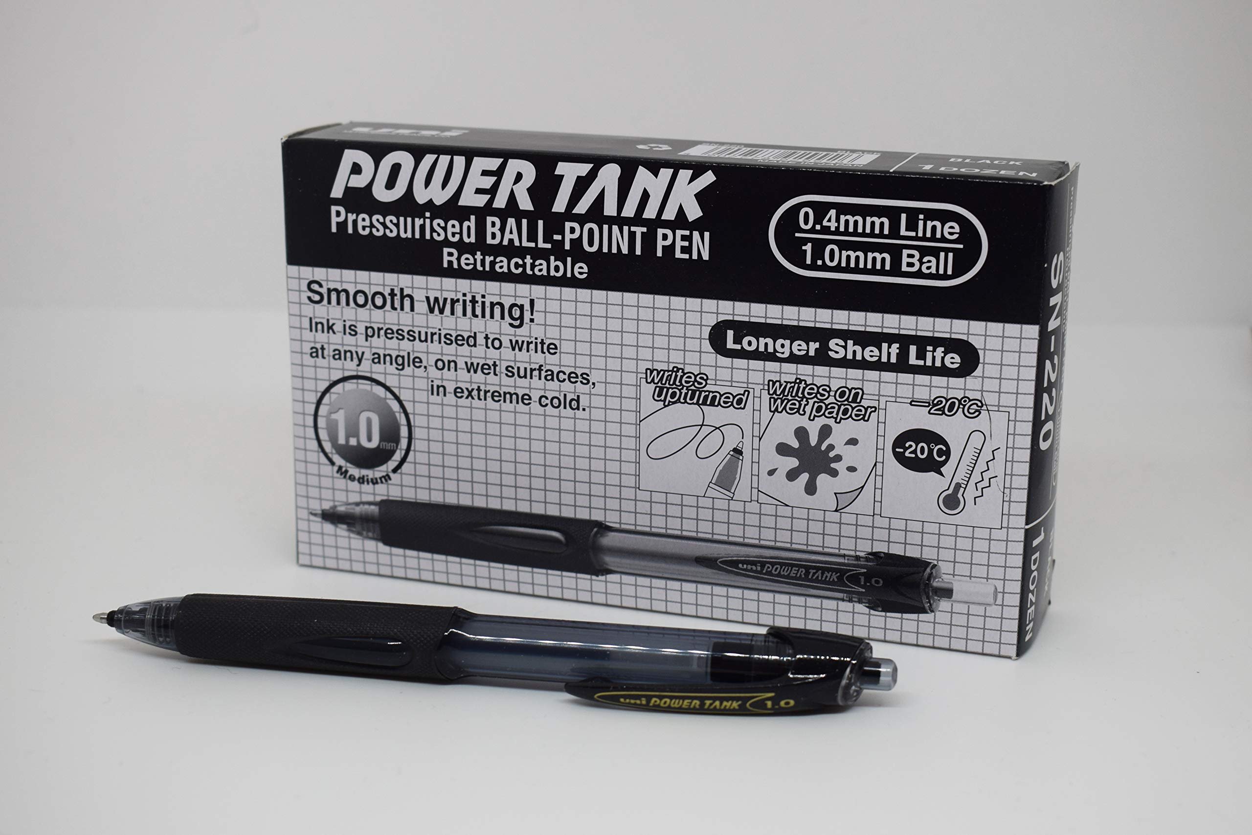 uni-ball Power Tank SN-220 Black Ballpoint Pens. Premium Broad 1mm Rollerball Tip. Water Resistant Uni Super Ink, Writes On Wet Paper, In Extreme Cold, At Any Angle. Perfect for Outdoor Use. Box of 12