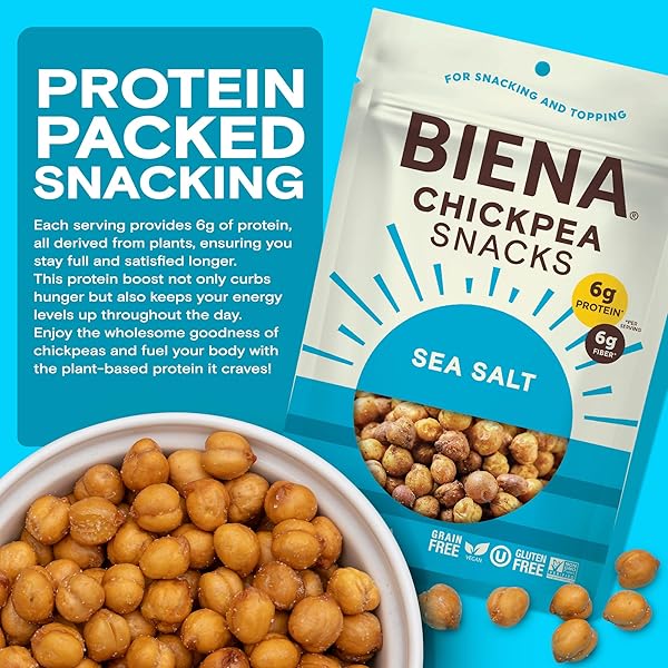 BIENA CHICKPEA SNACKS – CRUNCHY ROASTED CHICKPEAS – HIGH FIBER VEGAN PROTEIN SNACKS FOR ADULTS AND KIDS – 4-PACK, 5 OUNCE BAGS – SEA SALT