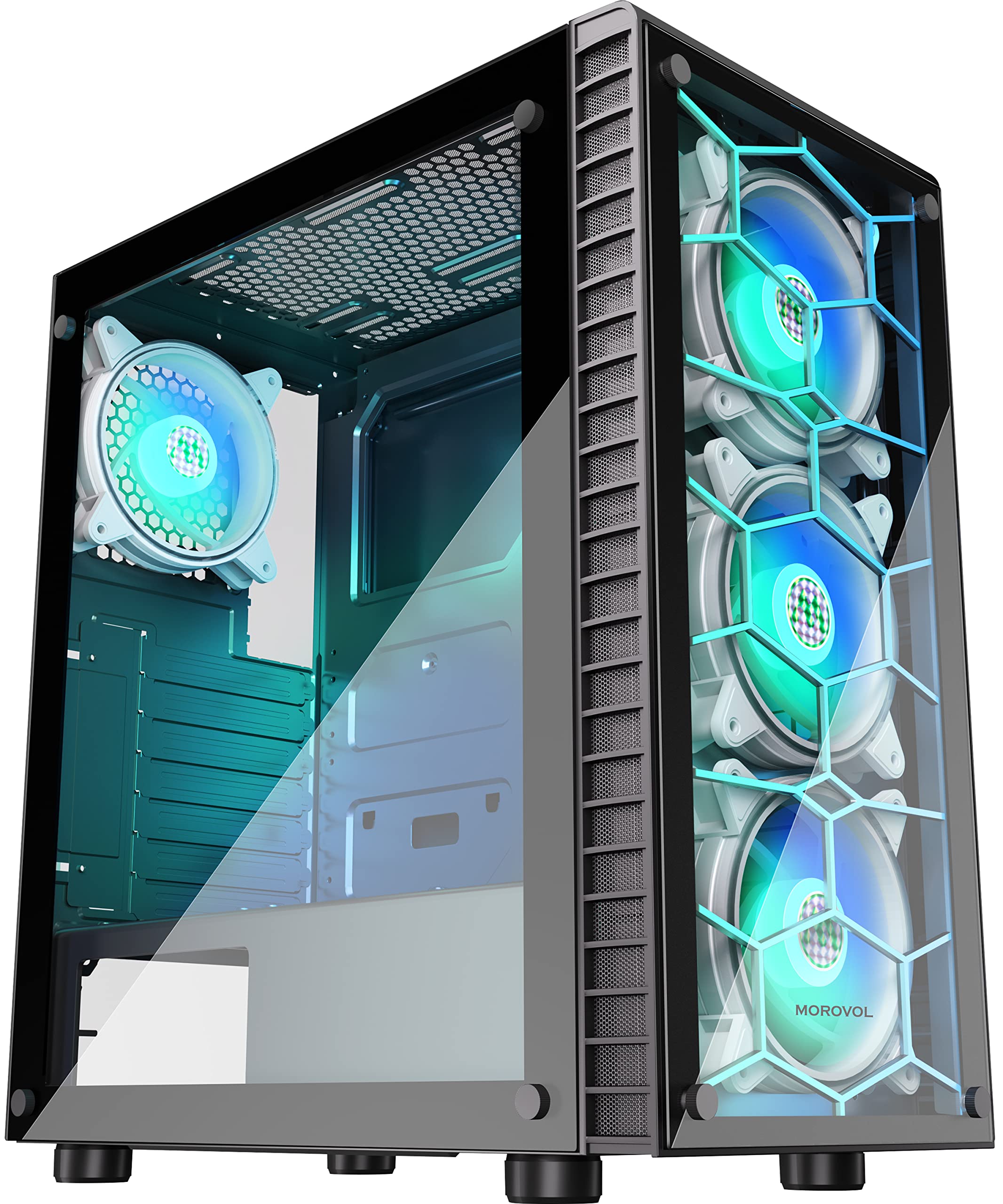 MOROVOL ATX PCケース プリインストール 4個 120mm ARGBファン ミッドタワー PCゲームケース USB 3.0 強化ガラスコンピュータケース ブラック R7Q4
