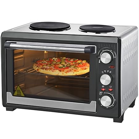 Syntrox Germany 26 Liter Mini Stand Backofen mit Umluft und Drehspieß kleinküche Minieküche mit 2 Kochplatten Miniofen Miniba