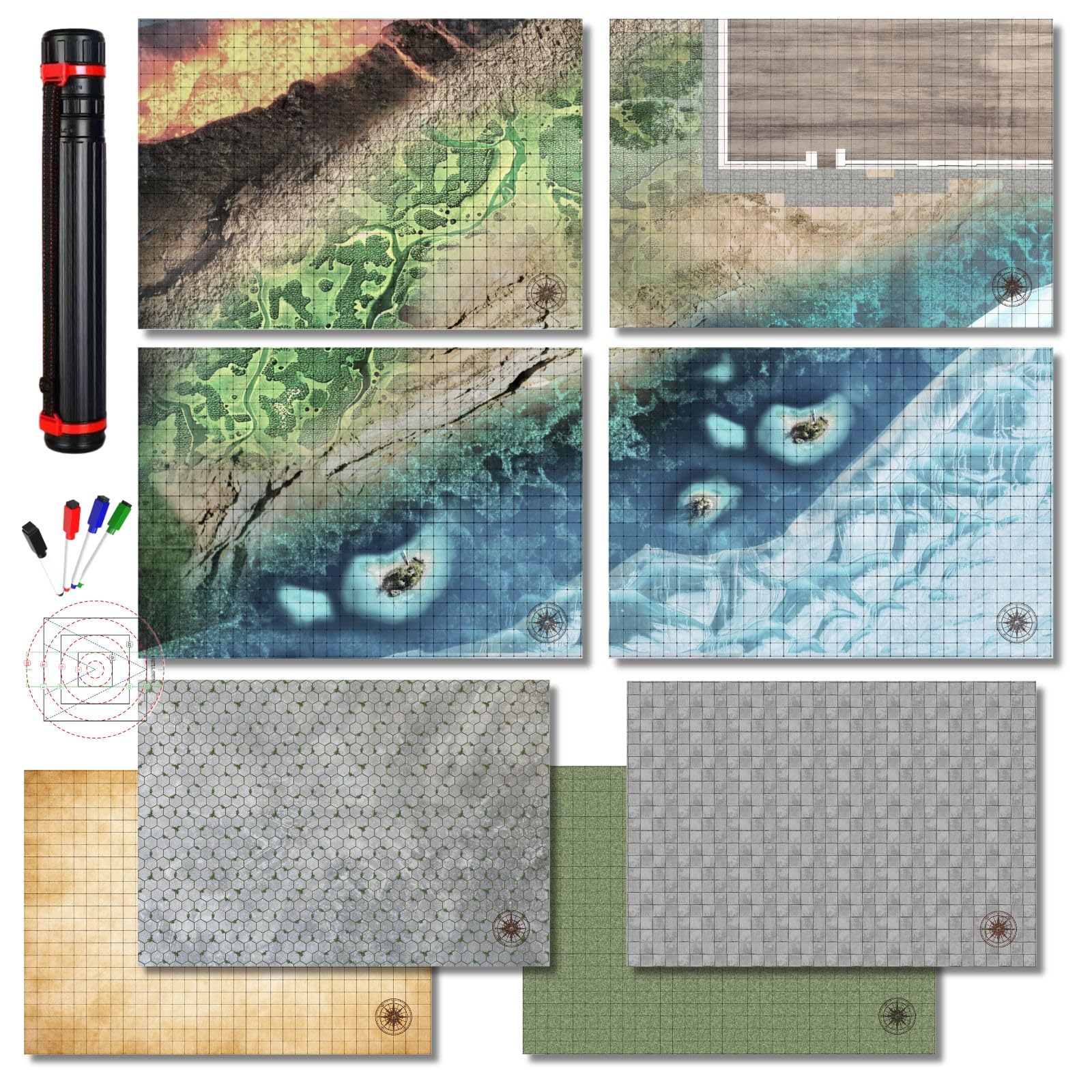iPEAU|DND Map Starter Set Tabletop Mat 4 Dry Erase Boards 23×33" with 1" Grid&Hex RPG Battle Mat for Dungeon and Dragons Accessory Pathfinder& Warhammer Reusable Flexible GM Layout System Accessories