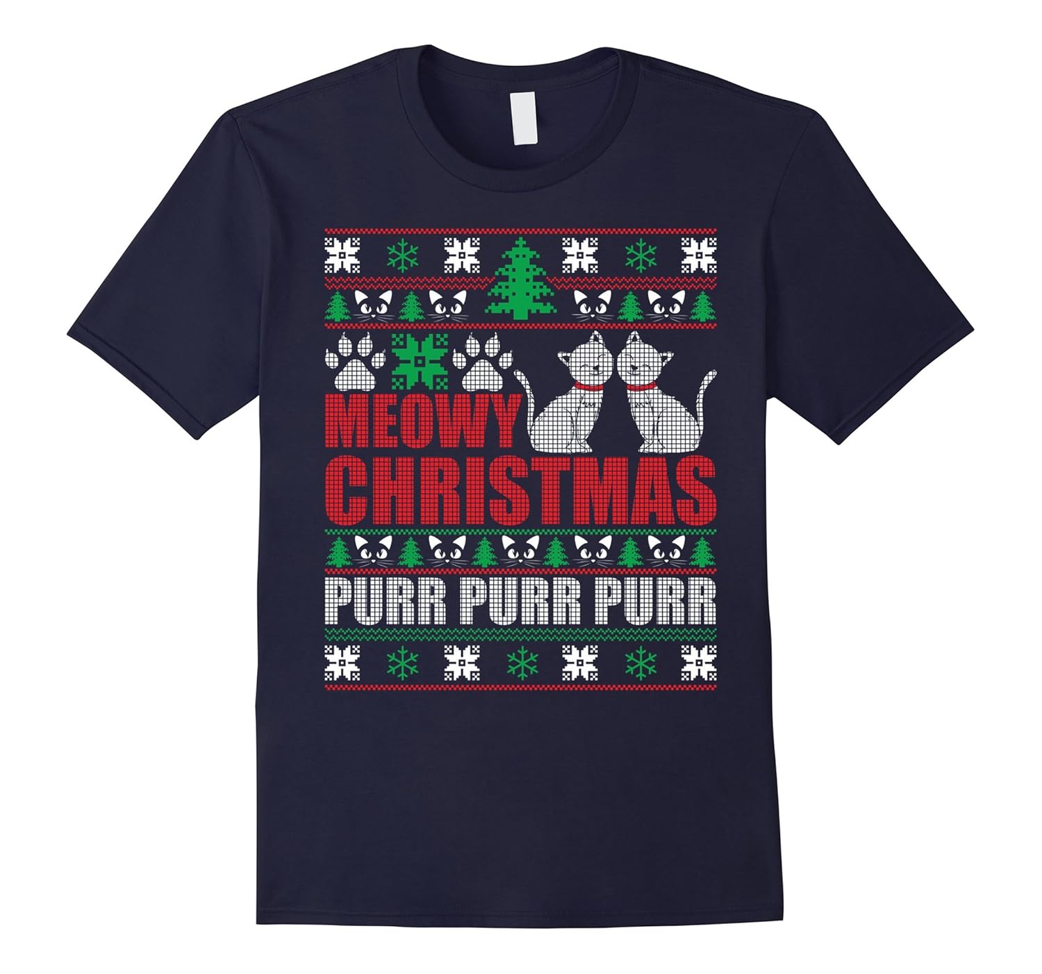 Meowy Christmas Ugly Christmas Sweater Funny Cat T-Shirt-ANZ