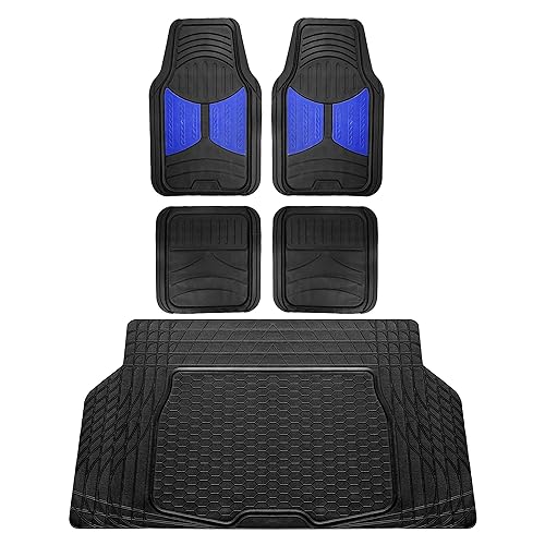 FH Group Monster Eye Full Set Rubber Floor Mats w. Trimmable Vinyl Trunk Liner/Cargo Mat Black- Fit Most Car, Truck, SUV, or Van (Blue/Black) F11313- F16403