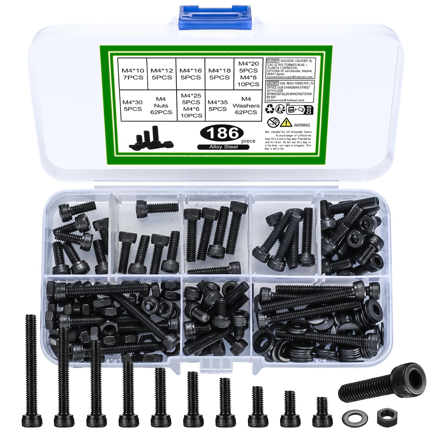 M4 Nuts and Bolts Set, 186 Pcs Hexagon Socket Head Cap Screws, Hex Socket Cap Head Screw, Black Machine Scraw Bolts and Nuts and Flat Washers Assortment Kit, for DIY Bicycle Motorcycle Repair — image 1